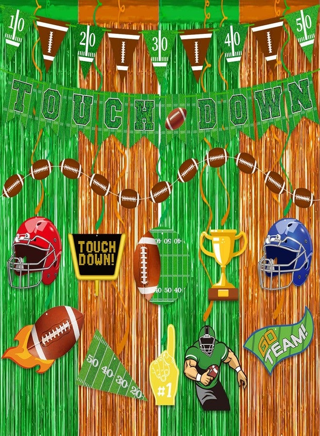 Yunfan Football Party Decorations 25Pcs Brown Green Football Curtains Pre-Assembled Banner Hanging Swirl Spirals for Football Game Day Sunday Night Photo Booth Backdrops Theme Birthday Party Supplies Decors - Image 1